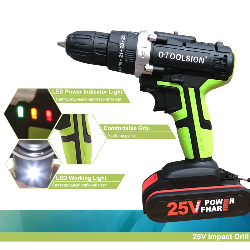 OTOOLSION 25V ударная электрическая отвертка 1600rpm 25 + 3 вращающий момент Ударная дрель электрический молоток