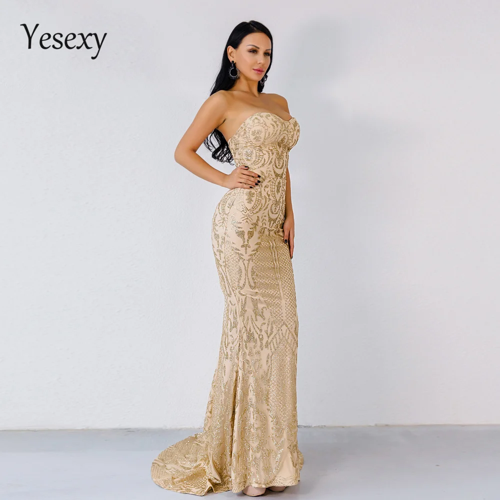 Yesexy 2021 элегантные блестящие женские макси платья без бретелек блестящее женское