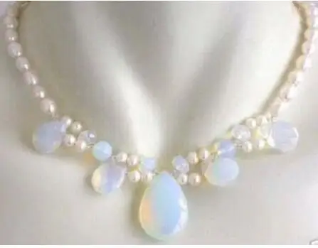 

Fast SHIPPING Real opal drops pendant & white FW pearl necklace 17"