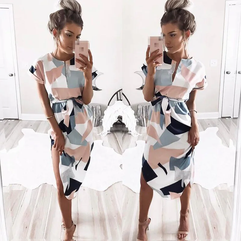 

Summer Women Beach Dress Boho Print Batwing Short Sleeve Tunic Bandage Bodycon Dress Midi Sheath Party Dress Vestidos mujer