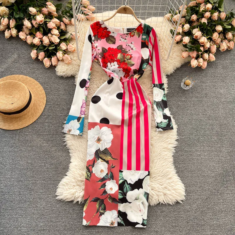

High Quality 2021 Summer New Fashion Women Elegant Slim Print O-Neck Long Sleeve Empire Party Dress Vestidos Mujer J254