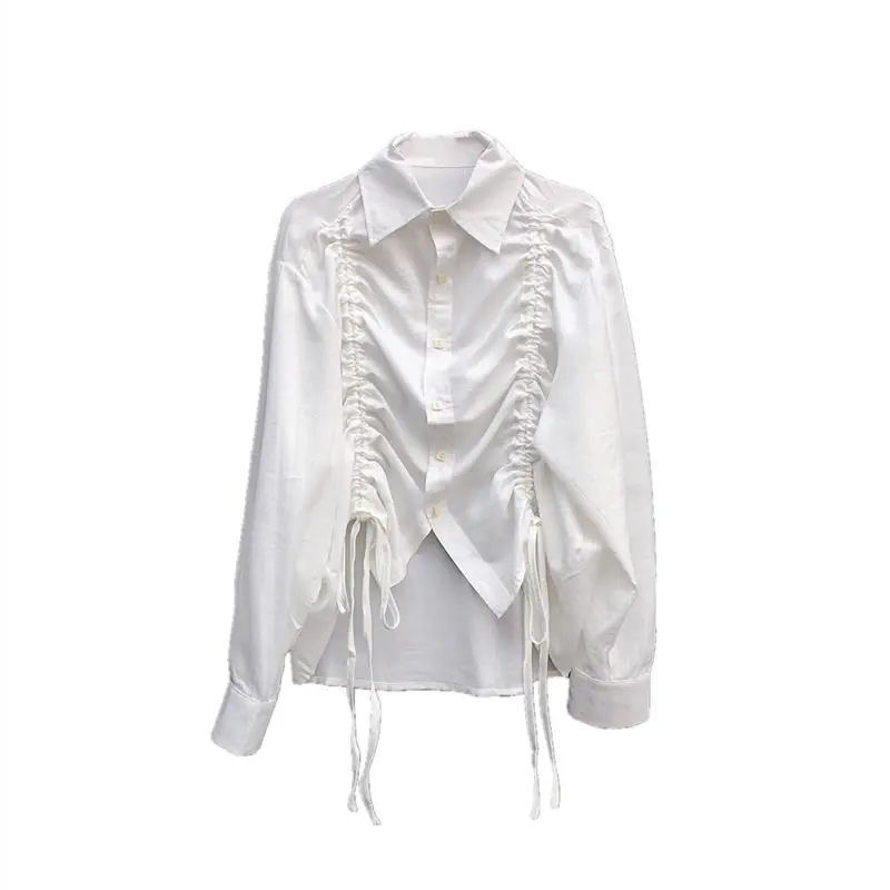 

Irregular White Drawstring Blouse Women Clothes 2020 Summer New Fashion Loose Turn Down Collar Elegant Shirt Top P054