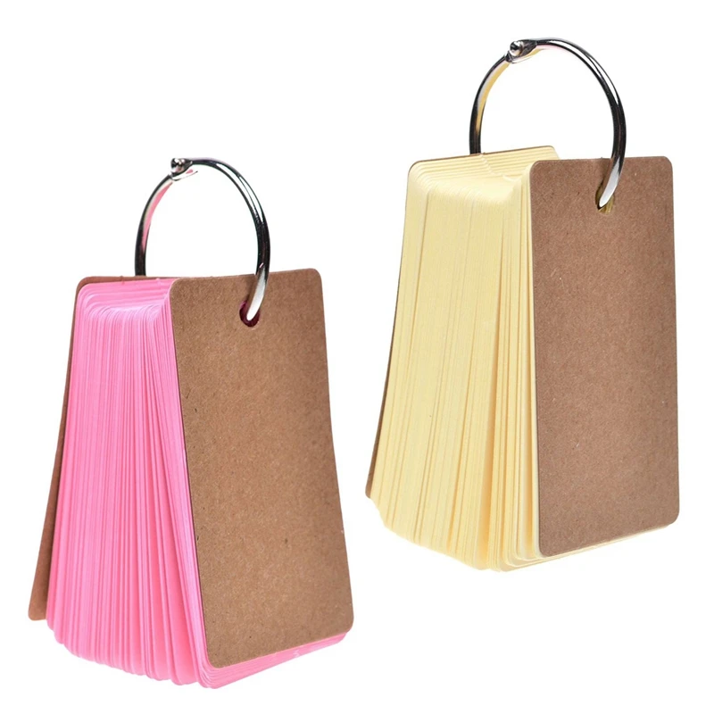 2 PCS Binder Ring Easy Flip Flash Cards Study 100 Unruled Blank Pages (Pink+Yellow & Blue+Green) |
