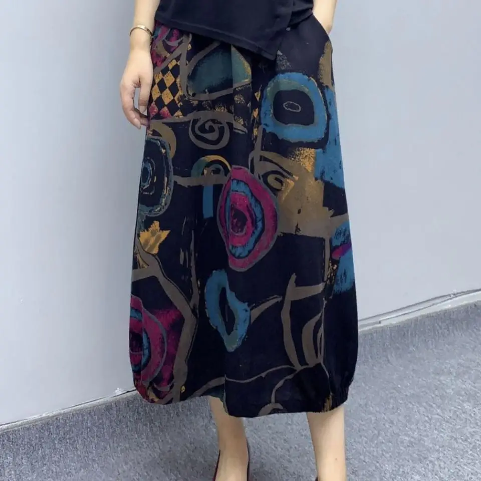 Женская юбка миди из хлопка и льна осенняя с высокой талией принтом женские юбки
