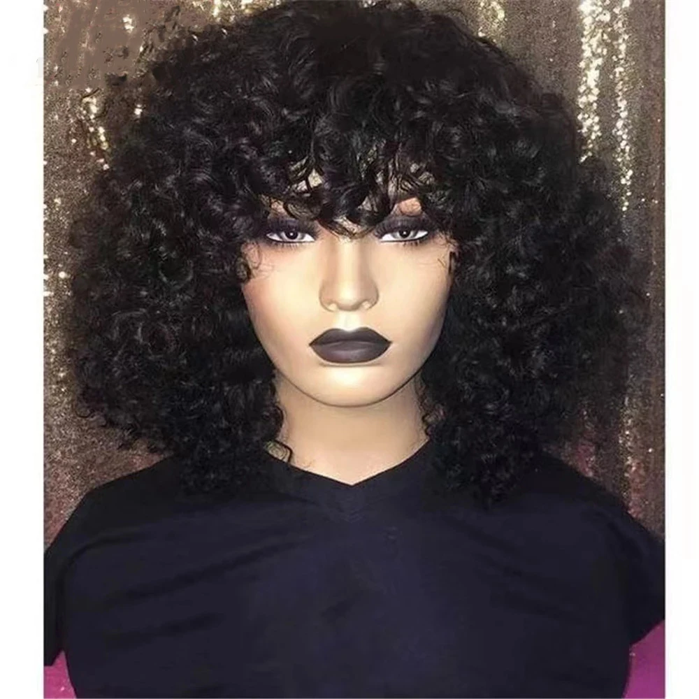 

200% плотные вьющиеся волосы, парики из человеческих волос с челкой, кудрявые вьющиеся полностью машинные парики для женщин, бразильские воло...