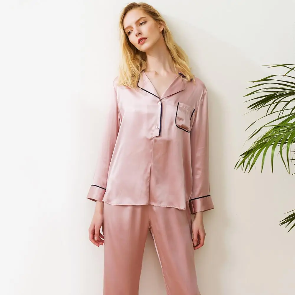 100% silk women sleepwear,girl long sleeve sleep shirts and pants in dark blue pink solid color,luxury advance women pajamas set