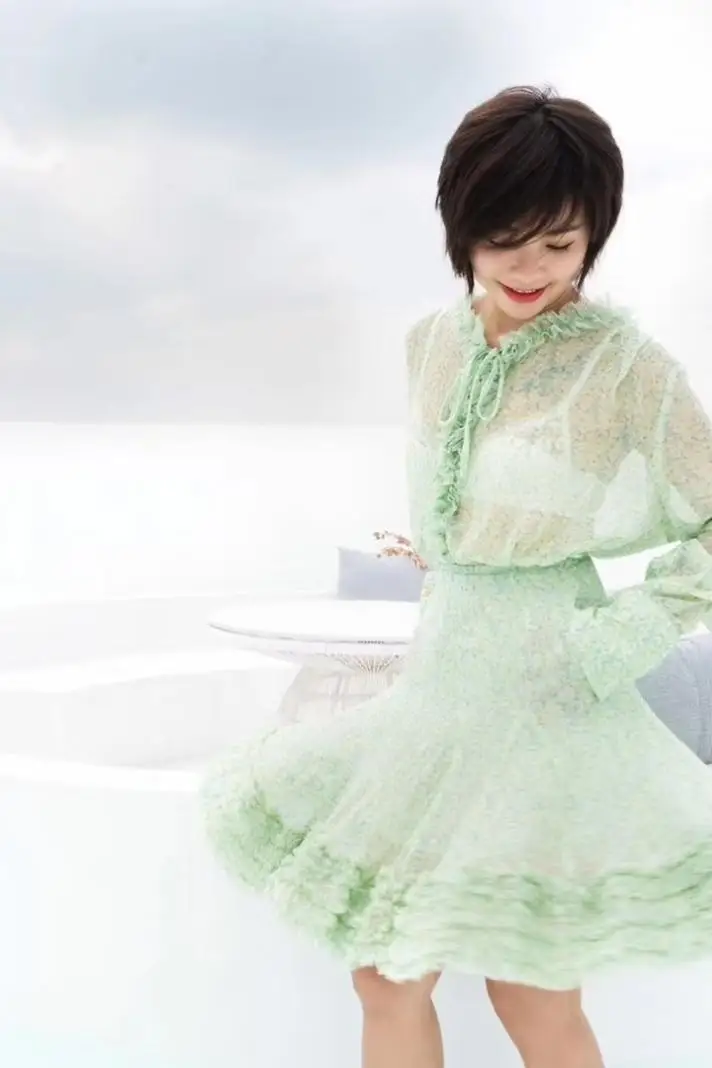 

In the summer of 20, French romantic fairy silk light green floral shirt with extra skirt set