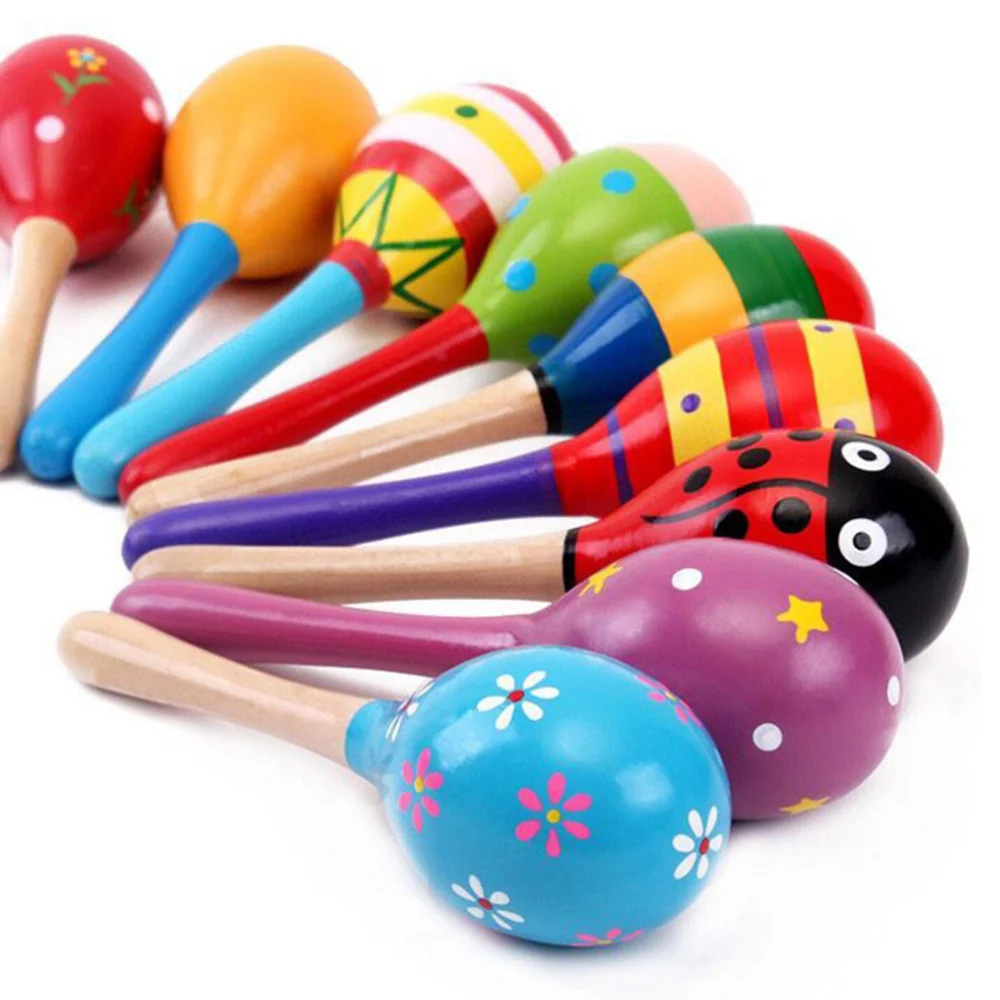 

12pcs Wooden Sandhammer Creative Wood Maraca Playthings Childhood Early Education Hit Toys Maracas Random Patterns