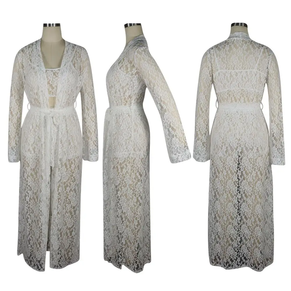 

Women Mesh Lace Sexy 3 Piece Sets Strap Crop Top And Shorts With Full Sleeve Long Coat Beach Outfits Plus Size Club Rompers 2PCS