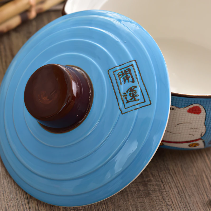 

Ceramic Casserole Japanese Cartoon Lucky Cat Green Blue Round 9 Inch Soup Bowl with Lid Household Kitchen Supplies Tableware