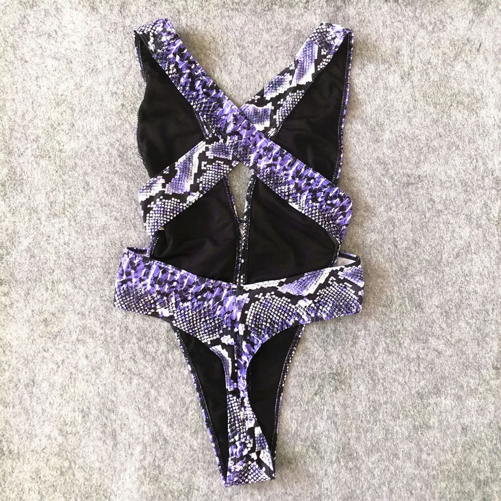 Фиолетовый змеиный принт слитные костюмы женские крестообразные повязки полые