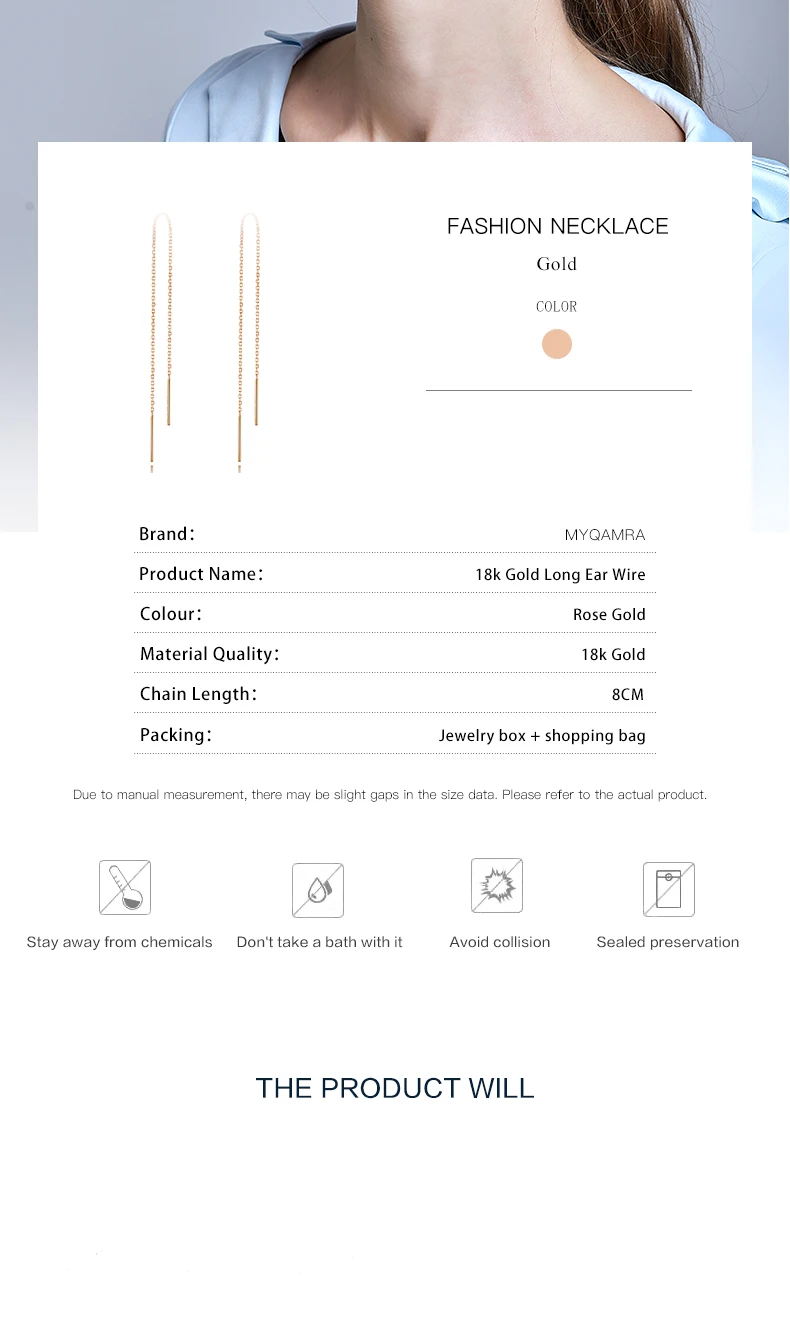Authentic 18k Gold Chain Earring For Women Simple Style None Stone Rose Gold Color Ear Line Fashion Jewelry