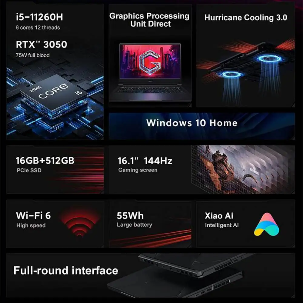 Новые Игровые ноутбуки Xiaomi Redmi G Intel Core i5-11260H NVIDIA GeForce RTX3050 16 1 дюйма ГБ 512 Wi-Fi 6 дюймов