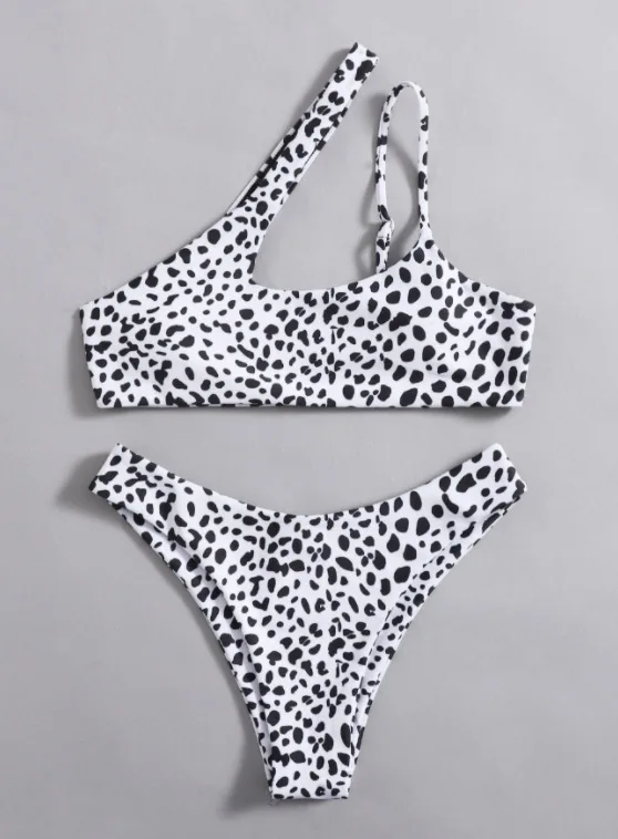 

New One Shoulder Bikini Swimsuit Women 2 Pieces Leopard Dot Print Swim Bathing Suit Beachwear Swimwear Summer Biquini Set