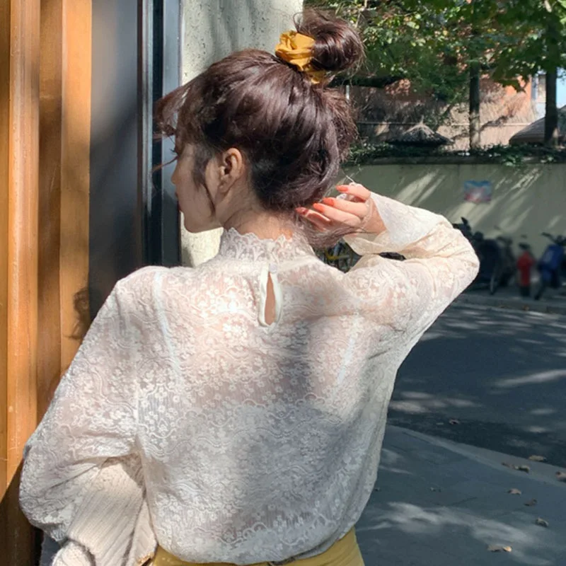 Сексуальная Открытая черная футболка Женская Кружевная с высоким воротником