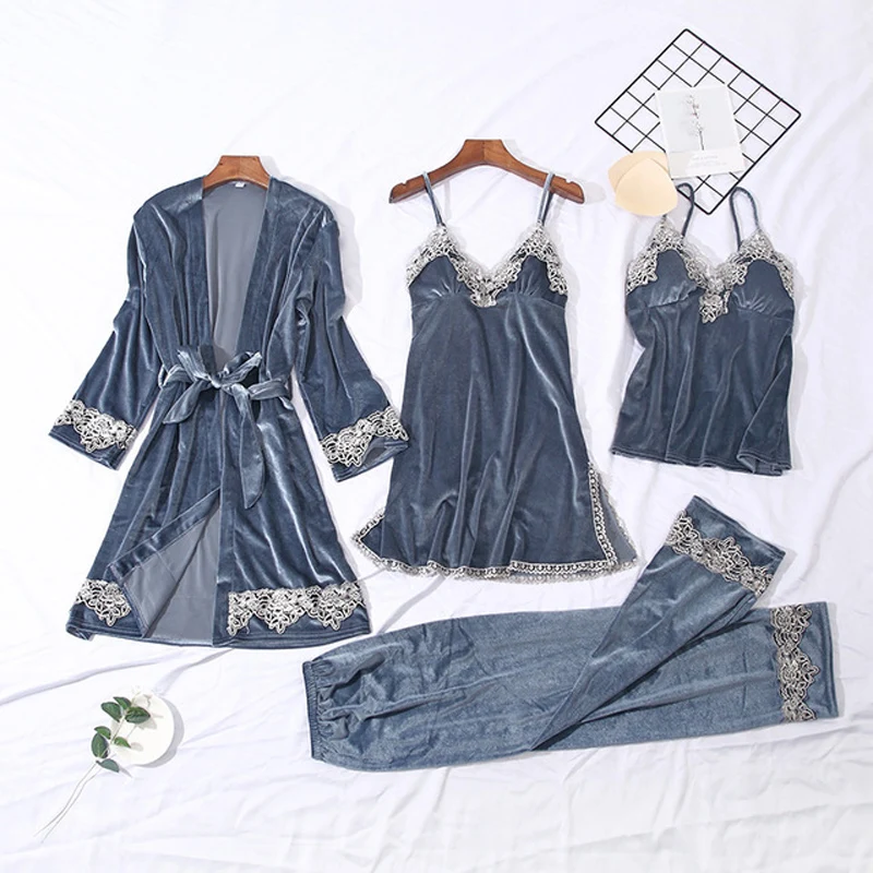 Новое поступление 4 шт. бархатная теплая пижама набор Женская Сексуальная