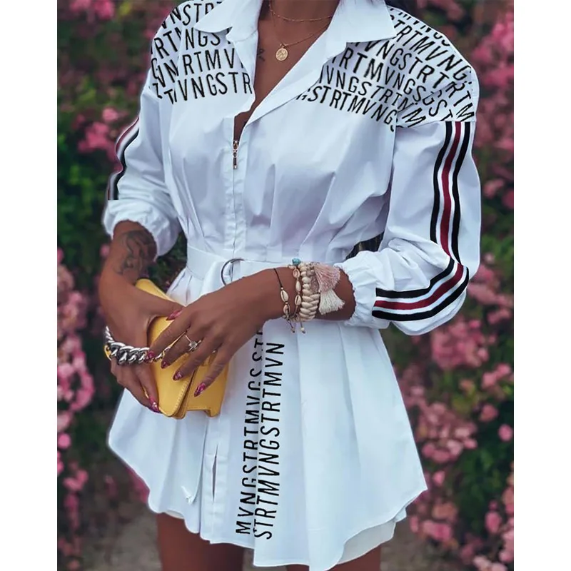 Новое модное осеннее женское белое платье-рубашка с длинным рукавом Короткое