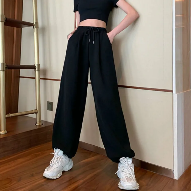 

Брюки женские свободные для отдыха, простые Популярные шаровары для студентов с завышенной талией и шнуровкой, модные ленивые осенние, Ulzzang