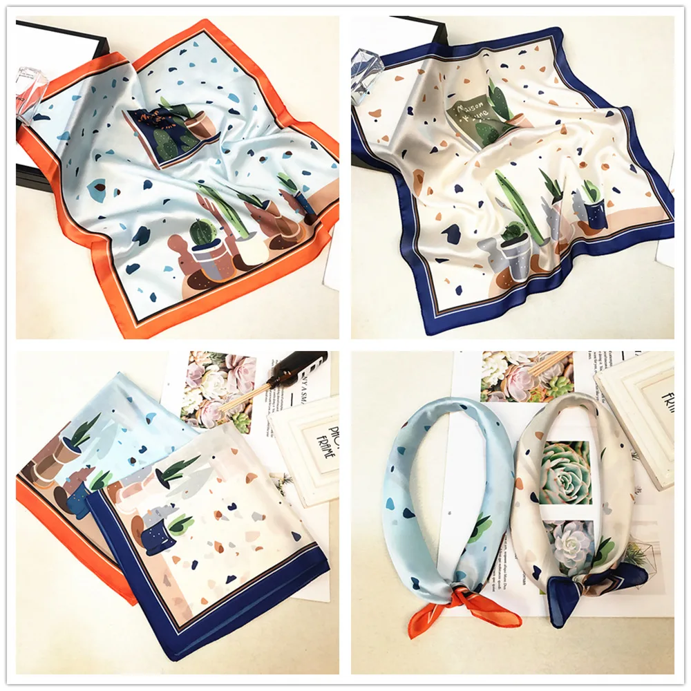 

Brand 53cm Cactus Flower Scarf for Ladies Student Small Square Twill Scarf Women Shawl Luxury Neckerchief Design Hijab Scarf