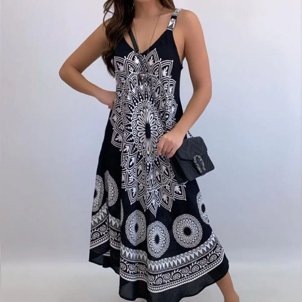 

New Ladies Totem Print V-neck Sling Dress Long Dress
