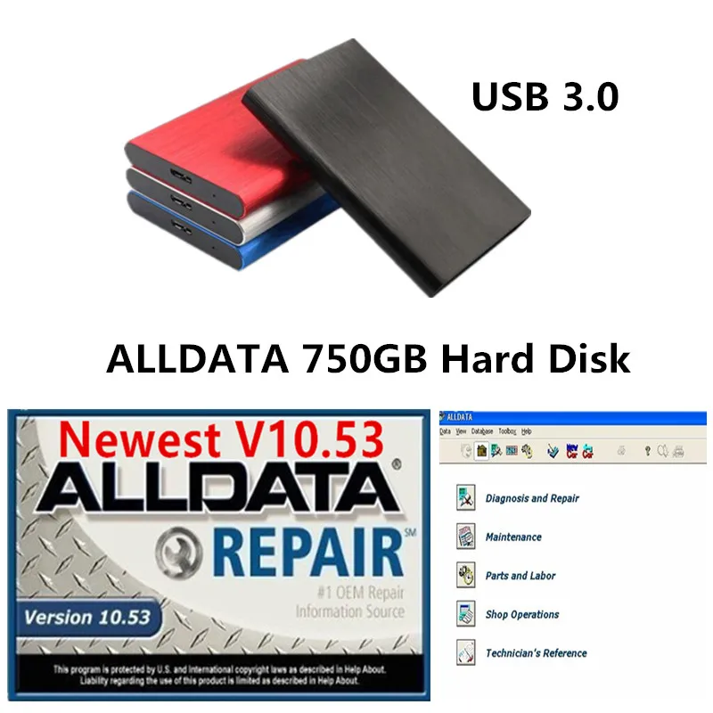 Latest AllData Auto Repair Software All data 10.53 for Cars and Trucks in 750gb HDD usb 3.0 Technical Support via Teamviewer
