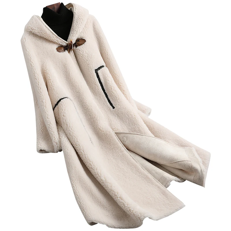 

Хорошее качество композитный мех один женский длинный с капюшоном шерстяной пуговицы-рог для пальто бежевый овечья шерстяная куртка зимня...