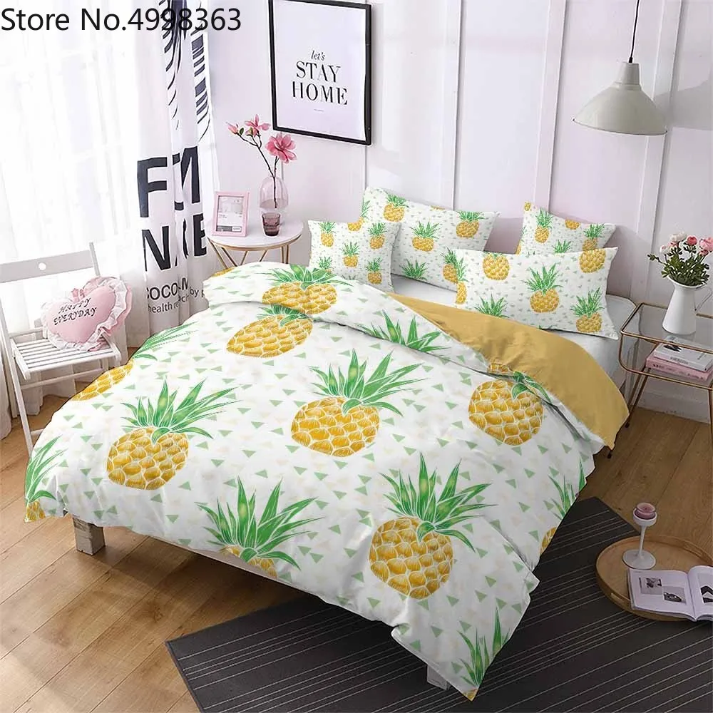 Летний комплект постельного белья с фруктами золотисто-зеленые ананасы