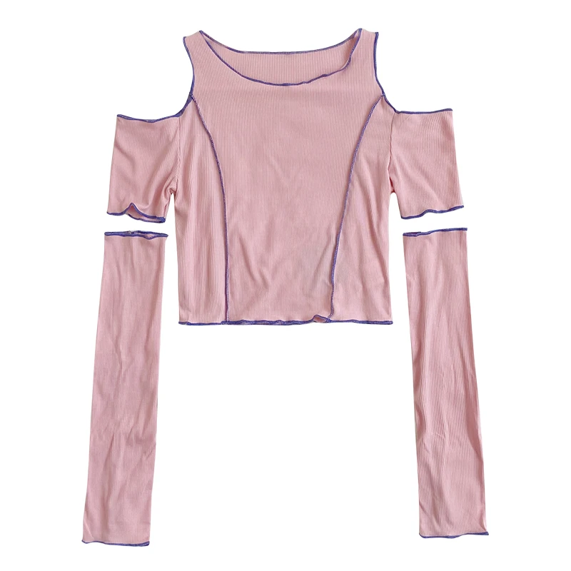 

Summer sexy off-shoulder color matching slim-fit short long-sleeved T-shirt