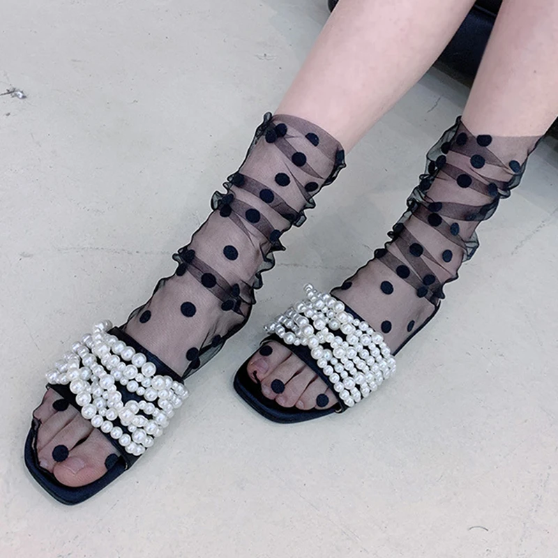 Женские сетчатые носки в горошек Дышащие прозрачные Harajuku тонкие шелковые для