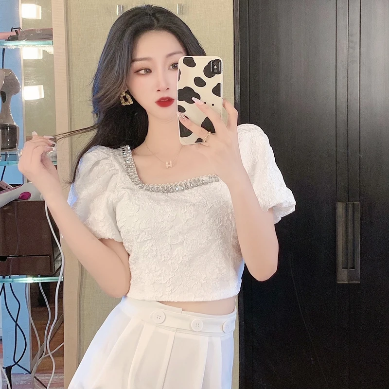 

Summer Fashion Vintage Office Lady Heavy Industry Puff Sleeve Women's Clothing Embroidery Beaded Diamond Slash Neck Top Female