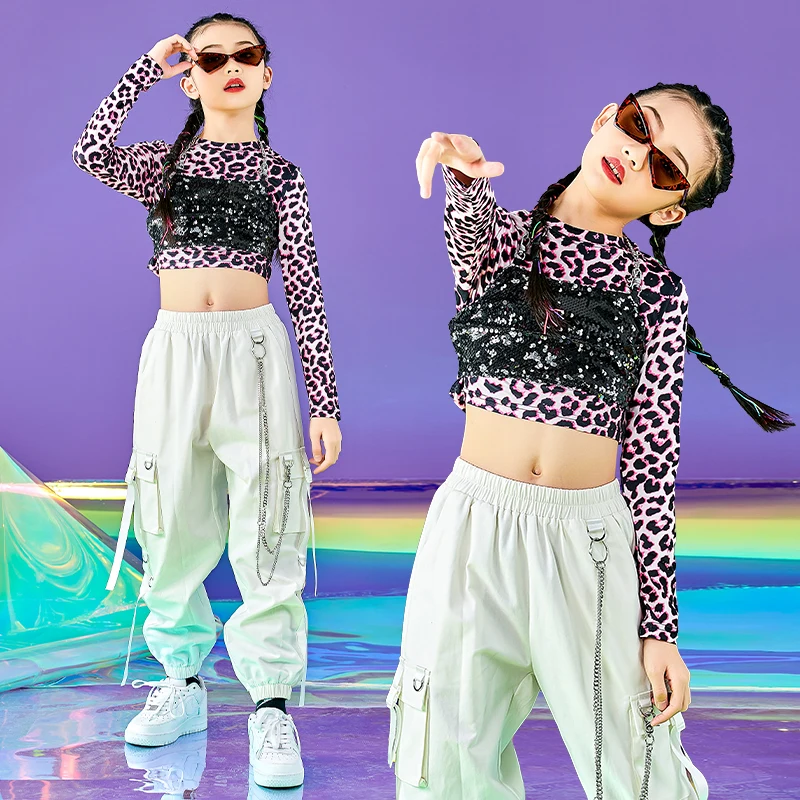 

New Girls Jazz Performance Costumes Leopard Tops Sequins Vest Pants Ballroom Hip Hop Dance Clothes Stage Costumes WD0077