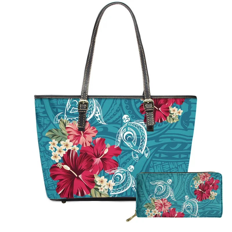 

Luxury Design Women Floral Style Handbags Purse Set Red Hawaii Hibiscus Pattern Shoulder Bag Female PU Tote Bag for Travel
