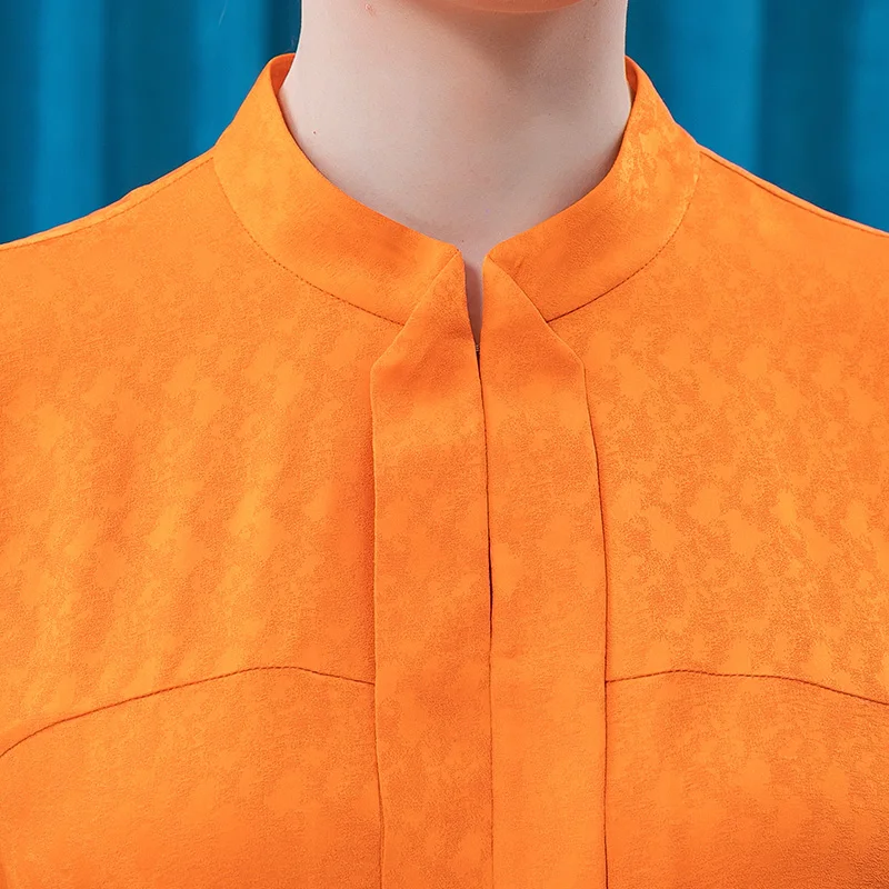 Kaufen VOA Orange Jacquard Seide Semi-hohe Kragen Kurzarm Tops BE509 Drei-dimensionale Plissee Lose Und Bequeme Lange T-shirt