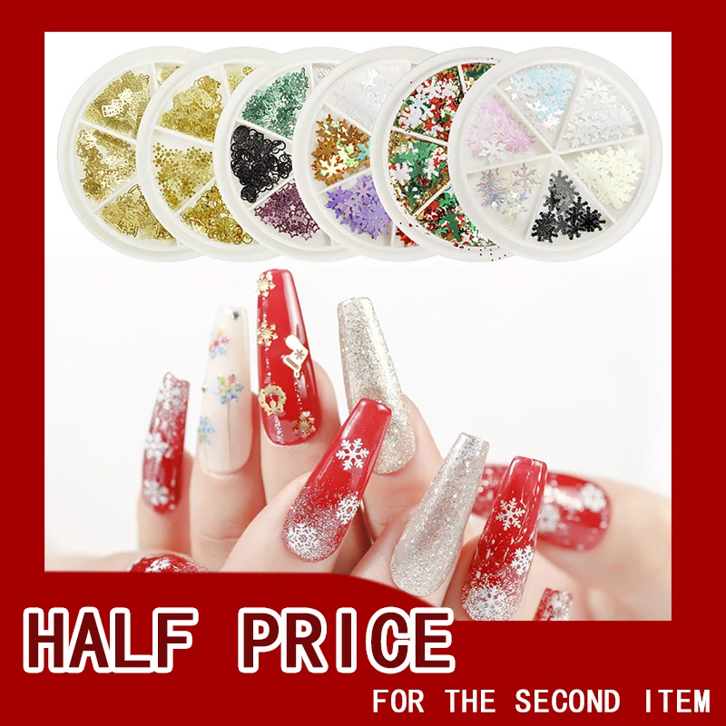 

1 Box Nail Art Christmas Halloween Ornaments Color Snowflake Christmas Tree Bell Metal Piece Nail Ornament