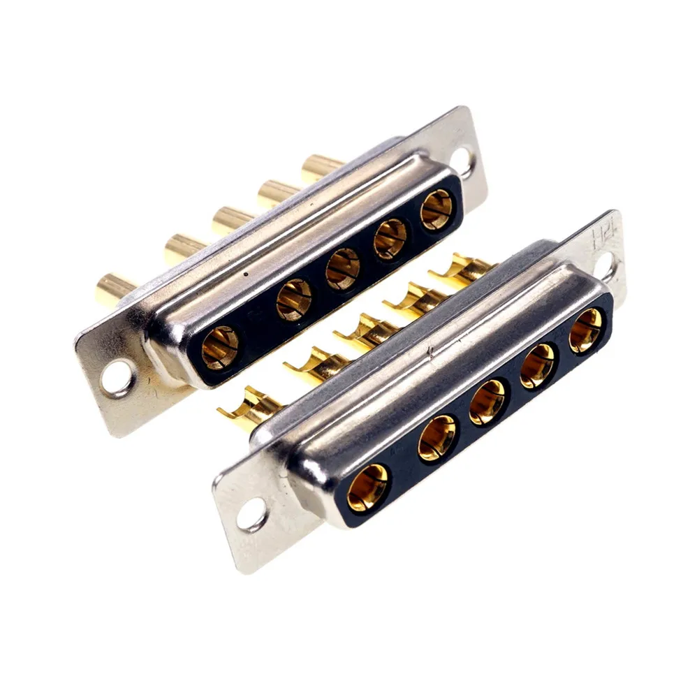 2pcs D-Sub Connector 30 A High Power 5 Position 5 Pin Combo Receptacle Socket Female Machined 5W5 Gold Panel Mount Wire Solder