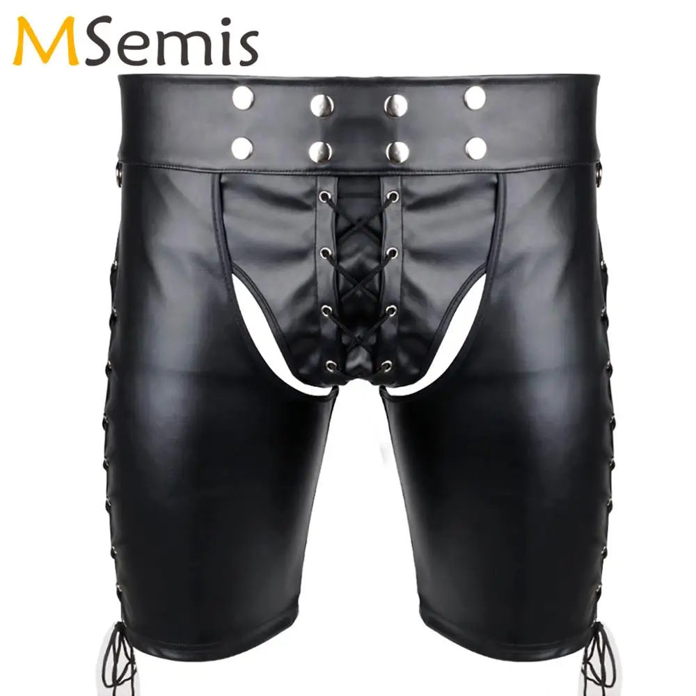 

Men Faux Leather Shorts Side Lace-up Harness Tight Leggings Gay Erotic Open Butt Crotchless Half Pants Pole Dance Short Clubwear