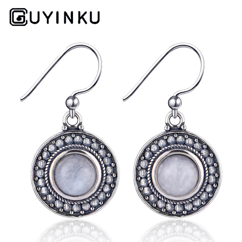 Moonstone GUYINKU Романтический натуральный лунный камень круглой формы висячие серьги 925 пробы серебряные ювелирные изделия для женщин вечерние ювелирные изделия - Цвет камня: Moonstone