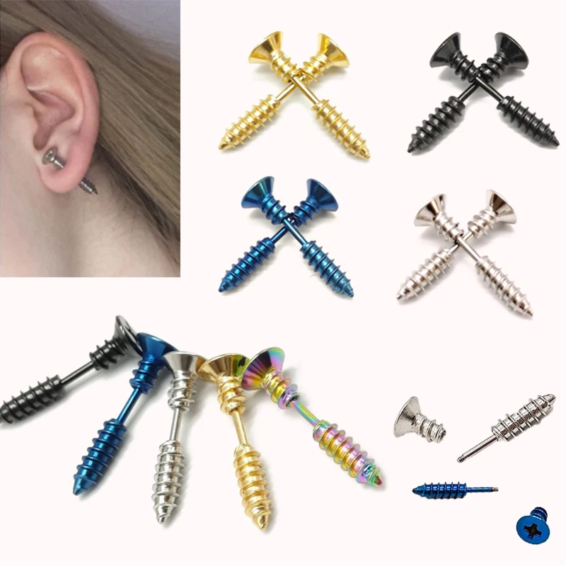 

Hiphop Punk Style Screw Ear Studs Spiral Earrings Rock Street Stainless Steel Jewelry for Men Women Body Piercing Accessories