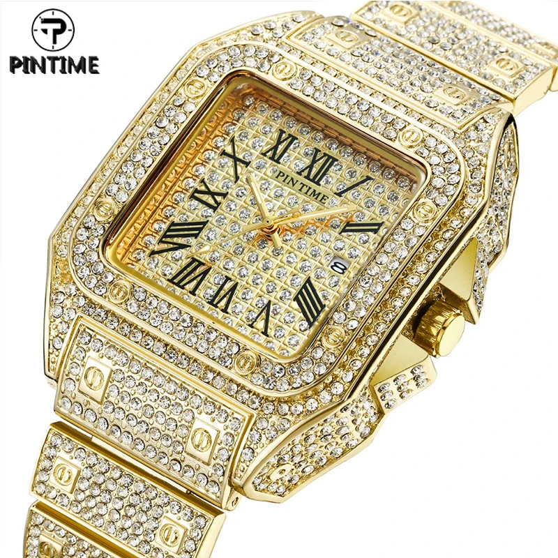 

PINTIME Quartz Watch Men Luxury Full Diamond Hip Hop Black Gold Rhinestone Watches Wristwatch Clock Male zegarek meski montre