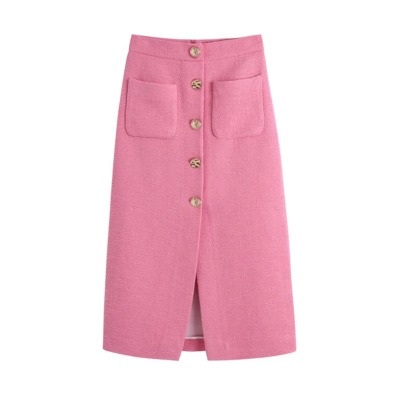 

Модная твидовая юбка миди с карманами в клетку, Женская винтажная юбка с высокой талией и разрезом спереди, женские юбки Mujer