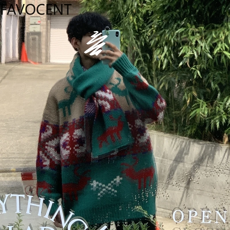 Мужской толстый свободный свитер в этническом стиле с мультяшным принтом модный