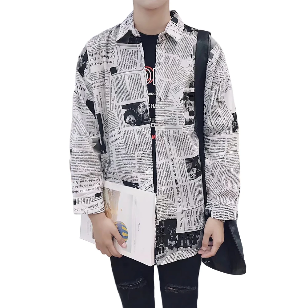 Рубашка мужская приталенная с принтом газет Модный повседневный Топ длинным