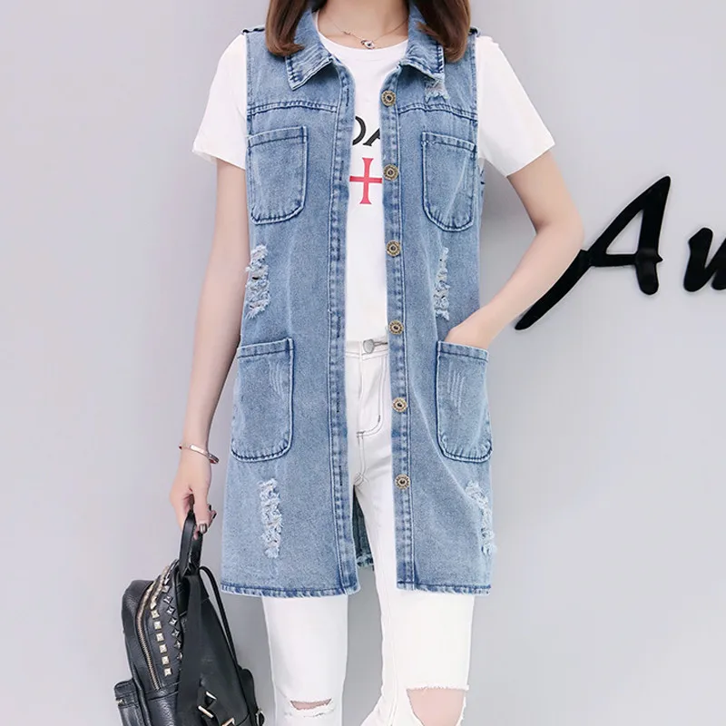 

Women's Denim Vests 2021 Spring Summer Ripped Long Hole Jeans Waistcoat Femme Fahion Sleeveless Casual Jacket Outerwear