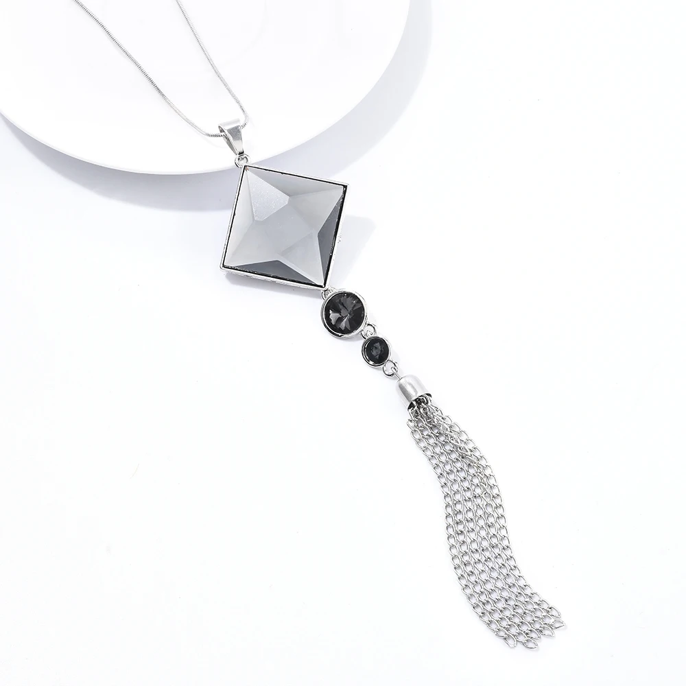 

Fashion Women Lady Big Rhinestone Crystal Square Pendant Long Chain Tassel Sweater Necklace Party Drop Necklace Jewelry