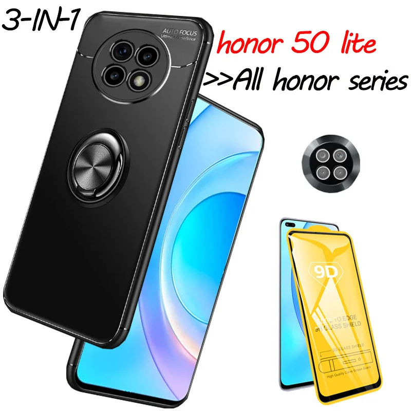 

3-in-1, Phone Cases + Glass for Honor 50 Lite Magnetic Ring Silicone Cover xonor honor 9a/9 lite/9x premium/v10/10i/v20/20 lite global & russia/20/20 pro/30/30i 50lite honor50lite honor50 lite Case