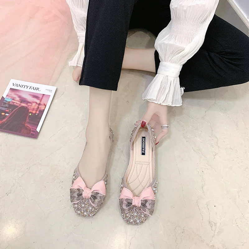 

Summer Shoes Ladies Soft 2021 Fashion Women's Crystal Female Footwear Square Toe Bow-Knot Shallow Mouth All-Match Casual Sneaker