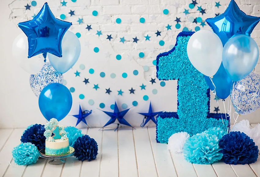 

7x5FT Happy 1 First Birthday Party Blue Chic Paper Flowers Balloons Custom Photo Studio Backdrop Background Vinyl 220cm X 150cm