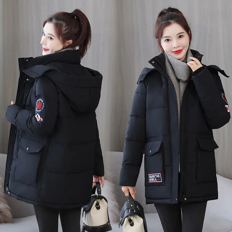 

New Winter Tooling Cotton Jackets Women's Mid-Length Down Cotton Coat Loose Hooded Overwear Female Outcoat Ladies