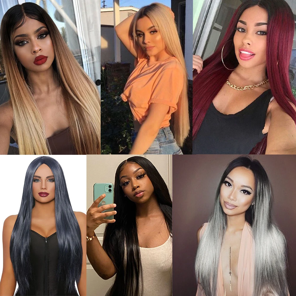 

Ombre Gery Synthetic Lace Wig For Black Women Long Soft Straight Hairstyle SOKU Middle Part Heat Resist Daily Lace Wig