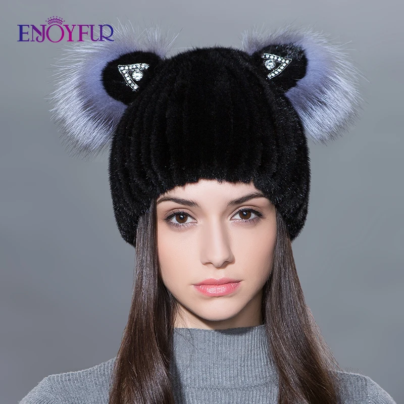 Женская шапка с кошачьими ушками ENJOYFUR, шапка из натурального меха норки на зиму